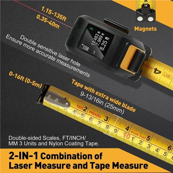 2-in-1 Laser Tape Measure, 135Ft Laser Measurement Tool & 16Ft Measuring Tape - Picture 3 of 6